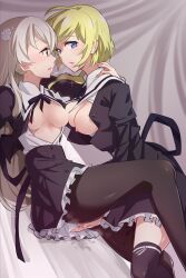 2girls after_kiss ahoge all_fours arm_around_neck assault_lily asymmetrical_docking bangs bed black_pantyhose black_ribbon black_thighhighs blonde_hair blue_eyes blush breast_press breasts breasts_out buttons cleavage clothed_sex commentary_request cropped_jacket curtains dutch_angle egawa_kusumi eye_contact face-to-face feet_out_of_frame fingering flower frilled_skirt frills gesoten_oec grey_eyes grey_hair hair_between_eyes hair_flower hair_ornament hair_over_shoulder hand_on_another's_neck hanging_breasts heart heart_in_eye heavy_breathing high-waist_skirt highres indoors jewelry juliet_sleeves knee_up leg_ribbon long_hair long_sleeves looking_at_another low_ponytail lying medium_breasts miniskirt multiple_girls neck_ribbon nipples no_bra nose_blush on_back on_bed open_clothes open_shirt pantyhose parted_lips ponytail puffy_sleeves pussy_juice pussy_juice_stain ribbon ring saliva saliva_trail school_uniform shirt sidelocks skirt soraha_amano stained_clothes stained_sheets sweat symbol_in_eye thighhighs very_long_hair white_ribbon white_shirt yuri yurigaoka_girls_academy_school_uniform zettai_ryouiki