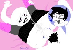 1boy 1girls 2022 anal anal_sex bed bed_sheet biting_lip black_hair black_lipstick blush buckteeth clothing galaxicsin homestuck john_egbert ms_paint_adventures naked open_mouth orgasm penis pink_eyes pubic_hair pussy pussy_juice roxy_lalonde short_hair squatting squirting straight sweat tongue tongue_out white_hair white_skin