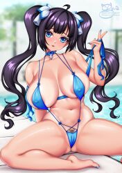 1girls areola_slip big_breasts dungeon_ni_deai_wo_motomeru_no_wa_machigatteiru_darou_ka hestia_(danmachi) pubic_hair sevie solo swimming_pool swimsuit tagme tan_body