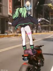 ass ass_focus clothing cyberpunk:_edgerunners cyberpunk_2077 female female_only green green_hair hair human motorcycle outerwear pale_skin pose public rebecca_(edgerunners) short_shorts t-pose tattoo vehicle white_skin