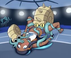 1girls arena arm_grab black_hair blue_eyes blue_hair bound breasts ctl_fish dark-skinned_female dark_skin double_penetration eyes_rolling_back female fine_art_parody fossil_pokémon leg_grab long_hair missionary_position multicolored_hair nessa_(pokemon) omanyte omastar on_back oral pokemon pokemon_ss pokephilia public_domain rape restrained small_breasts tentacle tentacle_sex the_dream_of_the_fisherman's_wife