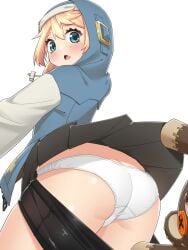 1boy androgynous ass ass_cleavage backsack balls big_ass big_ass_(male) big_butt blonde_hair blue_eyes blush bridget bulge butt_crack compression_shorts femboy feminine_male fully_clothed guilty_gear guilty_gear_strive hoodie long_hair looking_back male male_only mikakeha otoko_no_ko panties roger_(guilty_gear) shorts shorts_down skirt skirt_lift solo spandex_shorts standing thick_thighs thighs white_hair white_panties