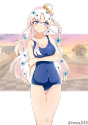 1girls big_breasts blue_eyes blush braid cleavage exposed_shoulders flower flower_in_hair hair_ribbon indie_virtual_youtuber looking_away lyrica_(vtuber) one-piece_swimsuit pink_hair ribbon shoulders smile smiling solo solo_female solo_focus swimsuit swimwear thigh_gap virtual_youtuber vonn363 white_hair