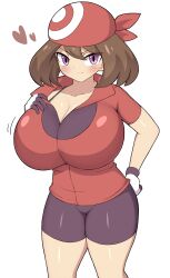 1girls big_breasts bike_shorts brown_hair cleavage female female_only game_freak huge_breasts human jaga334 jpeg may_(pokemon) nintendo pokemon pokemon_rse red_bandana smile solo solo_female tagme thick_thighs violet_eyes