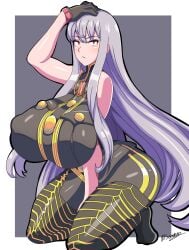 hand_on_head huge_breasts large_ass long_hair looking_at_viewer massive_breasts military nipple_bulge red_eyes selvaria_bles senak012 silver_hair tight_clothing valkyria_chronicles