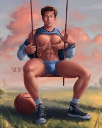 basketball big_bulge bulge giovan_bucio henriqueilustra huge_bulge looking_at_viewer male male_only muscles muscular muscular_male outdoors outside pec_grab pec_squeeze shirt_lift spread_legs swing