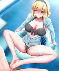 1boy bangs bikini black_bikini blonde_hair blue_eyes blush bow braid breasts cameltoe censored cleavage collarbone fate/grand_order fate_(series) female footjob ginhaha hair_between_eyes hairband highres jacket jeanne_d'arc_(fate) jeanne_d'arc_(swimsuit_archer)_(fate) large_breasts long_hair mosaic_censoring partially_visible_vulva penis ponytail pool ribbon smile solo_focus spread_legs straight swimsuit thigh_strap two-footed_footjob very_long_hair water