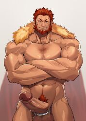 1boy abs arm_hair ball_stretcher balls ballsack bara beard biceps boner cape chest_hair cowboy_shot crossed_arms erection facial_hair fate/grand_order fate/zero fate_(series) foreskin foreskin_folds fur-trimmed_cape fur_trim highres human intact iskandar_(fate) large_penis looking_at_viewer male male_only male_pubic_hair manly mature_male muscles muscular muscular_male naked_cape navel navel_hair nude pecs pectorals penis red_cape red_eyes red_hair retracted_foreskin scrotum seductive_smile sex_toy short_hair smile smooth_skinned_male solo stomach straight-on tekkowang testicles thick_thighs thighs uncensored uncut veins veiny_arms