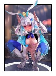 afterimage ahe_gao animal animal_ears animal_on_head armband ass ass_visible_through_thighs bangs bar_censor bird bird_on_head blue_bow blue_bowtie blue_hair blunt_bangs blurry blurry_background blush boots bow bowtie breasts bunny_pose censored clenched_teeth colored_inner_hair cross-laced_footwear daishippai depth_of_field dildo duck embarrassed facing_viewer fake_animal_ears female female_masturbation full_body hair_ornament highres humiliation knee_boots lize_helesta long_hair long_sleeves lotion masturbation medium_breasts meme_attire motion_blur multicolored_hair navel nijisanji nipples on_head open_mouth paid_reward_available pasties purple_eyes pussy_juice rabbit_ears reverse_bunnysuit reverse_outfit safety_pin sagging_breasts saliva sex_toy sidelocks solo spread_legs squatting steaming_body stomach sweat teeth thighhighs trembling two-tone_hair very_long_hair vibrator vibrator_on_nipple virtual_youtuber white_footwear white_hair