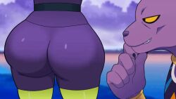 1boy 1girls animal_ears animated animated_gif anthro ass ass_shake beerus big_butt bodysuit bouncing_ass cheelai divine_wine dragon_ball dragon_ball_super dragon_ball_super_super_hero female gif green_skin loop purple_body shaking_ass shaking_butt skin_tight skindentation thick_thighs thighs vampiranhya_(artist)