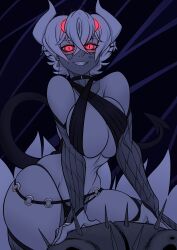 alternate_costume alternate_outfit anikiki_art anikiki_kun beelzebub_(helltaker) choker glowing_eyes harem_outfit helltaker horns looking_at_viewer mouth_veil red_eyes smile tail veil white_hair
