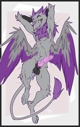 absurd_res anthro avian balls corpsly dakimakura_pose genitals gryphon hands_behind_head hi_res knot long_tail male male_only mythological_avian mythology penis ralek smug_face solo wings