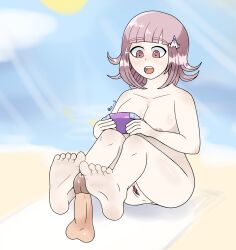 1girls alternate_version_available anus beach beach_towel breasts completely_nude completely_nude_female danganronpa danganronpa_2:_goodbye_despair dildo esbeusky female female_only footjob full_body game_console gaming naked naked_female nanami_chiaki nude nude_female playing_videogame practice pussy sitting smile smooth_skin solo solo_female super_danganronpa_2 towel