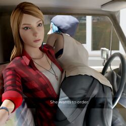 2girls 3d ass beanie bent_over black_bra blender blue_hair bra brown_hair canon_couple caption car chloe_price clothed clothing eyebrows eyelashes female female_only flannel fully_clothed he_wants_to_order headwear human jeans kinkblink lesbian life_is_strange lips makeup meme necklace over_the_knee pale_skin pickup_truck public punk rachel_amber selfie she_wants_to_order shirt sleeveless square_enix truck vehicle white_shirt wristband yuri