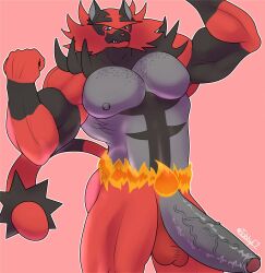 anthro balls bara big_balls big_penis boner erection flexing furry game_freak gay incineroar male male_only muscles muscular nintendo penis pokemon pokemon_(species) pokemon_sm solo solo_male tobbyc2