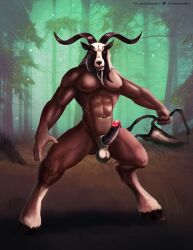 2018 abs angry anthro ball_tuft balls beard bovid caprine caprine_demon clothing demon erection facial_hair forest genitals glans goat goat_demon hi_res hooves humanoid_genitalia looking_at_viewer male male_only mammal muscular navel nipples nude outside pecs penis plant satanic_monkey solo standing torn_clothing tree tuft underwear undressing