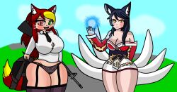 2girls ahri archly_(oc) blazer blush buttons cat_ears catgirl chainsaw_man cleavage energy_ball exposed_shoulders female female_only fox_tail green_eyes hammler heterochromia huge_breasts kitsune large_breasts league_of_legends lingerie looking_at_viewer magic_ball makima_(chainsaw_man)_(cosplay) nekomimi open_mouth ponytail red_eyes red_hair simple_background sky straps tail thick_thighs tie vest video_game_character video_games voluptuous weapon weapon_on_back whiskers yellow_eyes