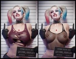 1girls 3d batman_(series) big_breasts blonde_hair blue_eyes choker dc dc_comics earrings eyeshadow female female_focus female_only fishnet_shirt fugtrup gloves harley_quinn harley_quinn_(injustice) injustice_2 leather_gloves lipstick looking_at_viewer middle_finger multicolored_hair naked_from_the_waist_down necklace nipples smile spiked_collar tattoo torn_clothes twintails