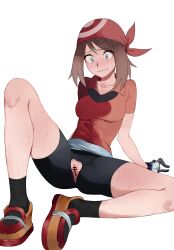 absurdres ankle_socks anklehighs bandana bar_censor bike_shorts black_gloves black_shorts black_socks blush breasts brown_hair censored collarbone commission female gloves grey_eyes grey_gloves highres keiz knee_up may_(pokemon) may_(pokemon_rs) medium_breasts medium_hair parted_lips pokemon pokemon_(game) pokemon_rse pussy reclining red_bandana red_shirt shirt short_sleeves shorts sitting skeb_commission socks solo sweat tearing_up torn_clothes torn_shorts two-tone_footwear two-tone_gloves white_background wide-eyed