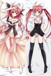 ahoge ass_visible_through_thighs bakugadou barefoot bed_sheet black_socks candy dakimakura_(medium) dakimakura_design date_a_live female food hair_ribbon holding holding_candy holding_food holding_lollipop itsuka_kotori lollipop looking_at_viewer lying multiple_views on_back on_bed pussy red_eyes red_hair ribbon short_sleeves socks twintails uncensored white_ribbon young