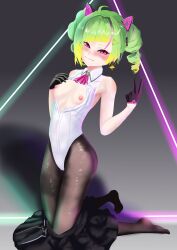 ahoge black_gloves black_thighs blush blushing_at_viewer breasts cat_ears deluta drill_twintails gloves green_hair hair_accessory high_resolution highres indie_virtual_youtuber kneeling leotard light-skinned_female light_skin neon neon_lights nipples no_sex on_knees pink_nipples posing red_eyes shirt_collar short_gloves short_twintails skirt_down skirt_lift small_breasts streamer triangle_hair_ornament twintails unbuttoned v_sign virtual_youtuber vtuber white_leotard white_skinned_female young_woman youtuber