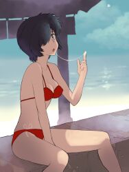 2013 beach bikini black_hair color digital_media_(artwork) drool drool_string green_eyes kikumaru_bunta nazo_no_kanojo_x outdoors outside red_bikini tan_skin tanline urabe_mikoto