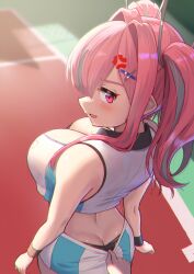 1boy 1girls anger_vein ass ass_cleavage azur_lane bare_shoulders black_hair black_panties blue_skirt blush breasts bremerton_(azur_lane) bremerton_(scorching-hot_training)_(azur_lane) butt_crack cleavage clothes_pull crop_top day downblouse female from_behind hair_intakes hair_ornament hairclip large_breasts light-skinned_female light-skinned_male light_skin long_hair looking_at_viewer looking_back maku_ro miniskirt mole mole_on_breast multicolored_hair official_alternate_costume open_mouth outdoors panties panty_peek pink_eyes pink_hair pov pulled_by_another skirt skirt_pull sleeveless solo_focus straight sweatband twintails two-tone_hair two-tone_skirt underwear white_skirt x_hair_ornament