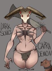 4_eyes capra_demon claws covered_nipples dark_souls demon demon_girl female fromsoftware horns humanoid loincloth looking_at_viewer monster_girl multi_eye red_eyes red_sclera revealing_clothes ribs skimpy_clothes skull_head small_breasts vetisx weapon wide_hips