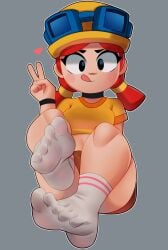 aged_up brawl_stars cute cute_face feet female female_only hat jessie_(brawl_stars) postblue98 red_hair socks supercell thick_thighs tongue_out v_sign white_skin