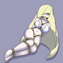 1girls arms_tied_behind_back ball_gag blonde_hair bondage bra breasts cross-laced_clothes crotch_rope dankestofdans gag gagged green_eyes hair_over_one_eye large_breasts legs_tied long_hair lusamine_(pokemon) milf navel nintendo panties pokemon pokemon_sm rope rope_between_breasts rope_bondage white_bra yellow_panties