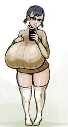 1girls 2018 blue_hair breast_suppress breasts degeneratepai female female_only full_body gigantic_breasts glasses looking_at_viewer mirror mirror_selfie no_pants panties reflection selfie short_twintails smartphone smile solo standing sweater thighhighs turtleneck white_legwear