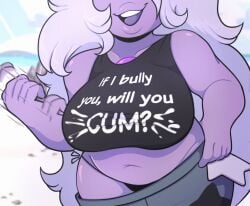 1girls amethyst_(steven_universe) beach belly big_breasts cartoon_network chubby english_text eyes_out_of_frame female gametimeasia gem_(species) gesture hi_res highres lavender_hair navel pants_down purple_hair shortstack smile steven_universe suggestive text_on_clothing thick_lips thong very_long_hair wide_hips