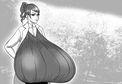 1girls 2018 collared_shirt cowboy_shot degeneratepai doctor dr._blair_(degenerate) enormous_breasts female female_only glasses greyscale hand_on_hip hyper hyper_breasts labcoat long_hair looking_at_viewer monochrome original original_character shirt side_ponytail smile solo standing sweater_vest vest