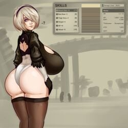 1girls ? ass ass_focus back_cutout bangs black_gloves black_headband black_legwear breast_expansion breast_growth breasts cleavage closed_mouth clothed curvy curvy_hips degeneratepai english_text expressionless female female_only frilled_sleeves from_behind gameplay_mechanics gigantic_breasts gloves graphical_user_interface grey_hair hair_over_one_eye hairband hips huge_ass huge_breasts large_ass leotard light-skinned_female light_skin lips looking_at_viewer looking_back medium_hair mole mole_under_mouth nier nier:_automata pale_skin skill_tree solo spoken_question_mark standing text thick_thighs thighhighs thighs user_interface white_hair yorha_2b