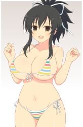 1girls asuka_(senran_kagura) bikini black_hair blank_background blush brown_eyes female hair_ribbon ichiryuu_tsumiki large_breasts light_blush navel open_mouth senran_kagura side-tie_bikini smile solo striped_bikini thick_thighs