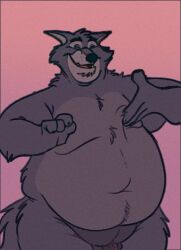 2023 anthro barely_visible_genitalia barely_visible_penis belly big_belly canid canine canis closed_eyes curritoss disney edit genitals male mammal moobs navel overweight overweight_male penis robin_hood_(disney) sheriff_of_nottingham simple_background solo wolf