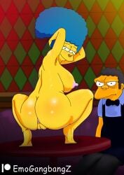 1boy 1girls butt emogangbangz humiliated looking_at_viewer looking_back marge_simpson milf moe_szyslak mother nose_piercing rear_view the_simpsons