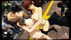 2girls ann_takamaki aqua_eyes background_characters big_breasts bikini_bottom black_stockings blonde_hair breasts brown_hair camera electronics female female_only footwear htr18 human indecent_exposure kujikawa_rise looking_at_viewer lovers_arcana multiple_girls nipples outdoors pale_skin persona persona_4 persona_5 public public_exposure seductive seductive_look topless topless_female twintails