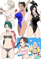 7girls armpits beach bikini breasts dendra_(pokemon) female female_only hitodama_(madatohi) human iono_(pokemon) juliana_(pokemon) katy_(pokemon) multiple_girls nemona_(pokemon) one_piece_swimsuit pokemon pokemon_sv rika_(pokemon) swimsuit tagme