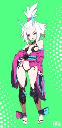 1girls demon demon_girl demon_horns fate/grand_order feet female fusion kimono koffing pokemon pokemon_bw pokemon_bw2 r3dfive roxie_(pokemon) shuten_douji_(fate) shuten_douji_(fate)_(cosplay) small_breasts white_hair