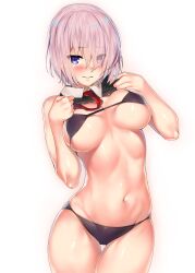 bare_arms bare_shoulders bikini black_bikini blush boots breasts closed_mouth clothes_lift cowboy_shot eyes_visible_through_hair fate/grand_order fate_(series) female frown hair_over_one_eye highres kawai_(purplrpouni) large_breasts lifted_by_self looking_at_viewer mash_kyrielight navel necktie pink_hair purple_eyes red_necktie red_neckwear short_hair simple_background skindentation sleeveless solo stomach swimsuit underboob white_background