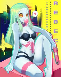 1girls body_markings breasts cybernetics cyberpunk:_edgerunners cyberpunk_2077 cyborg eye_contact female female_only firearm green_eyes handgun human kimouji looking_back pale_skin rebecca_(edgerunners) red_sclera shortstack small_breasts solo solo_female spoken_heart thick_thighs thighs tomboy weapon