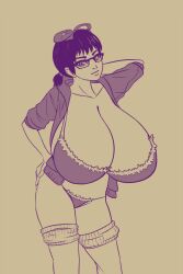 2017 bra cleavage degeneratepai fur-trimmed_bra fur_trim gigantic_breasts glasses hairbow hand_on_hip hoodie looking_at_viewer monochrome open_hoodie panties short_twintails smile thighhighs winter_clothes