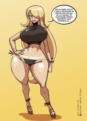 1girls 2022 alternate_version_available big_ass big_breasts big_butt big_hips big_thighs bikini black_eyes blonde_hair cleavage cynthia_(pokemon) female female_focus female_only hourglass_figure huge_ass huge_butt huge_hips huge_thighs large_ass large_breasts large_butt looking_at_viewer nintendo non-english_text pokemon pussy smile spanish_text swimsuit tail-blazer talking_to_viewer tanned tanned_skin text thick_thighs thighs wide_hips