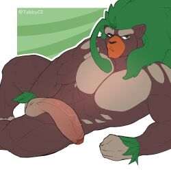 anthro balls bara big_balls big_penis boner erection furry game_freak gay gorilla lying_on_side male male_only muscles muscular nintendo on_side penis pokemon pokemon_(species) pokemon_ss rillaboom solo solo_male tobbyc2