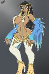 1girls big_breasts black_hair blue_eyes brown_skin canastus curvy_figure feathers female gold harpie_lady isis_ishtar jewelry nipples_visible_through_clothing skimpy_costume sling_bikini smiling_at_viewer thighs tiara transformation yu-gi-oh!