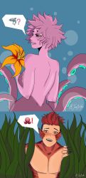 1boy 1girls admiring black_sclera eijirou_kirishima female flower hiding_in_bushes in_water looking_back male mina_ashido my_hero_academia octopus octopus_girl peaking peeping pink_hair pink_skin red_eyes red_hair shark_boy shark_teeth sharp_nails sharp_teeth sneaking sneaky underwater yellow_eyes