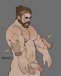 bara bara_tits belly_tattoo bodily_fluids body_markings breast_squeeze graves_(league_of_legends) holyxxx3 lactating lactating_nipples lactation league_of_legends male_lactation male_only muscular_male pectoral_squeeze semi-erect