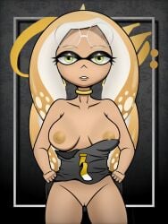 anemonemisc animal_humanoid areola bibi_(splatoon) big_breasts blonde_hair breasts cephalopod cephalopod_humanoid clothed clothing clothing_lift dress dress_lift exposed_breasts eyelashes eyewear eyewear_on_head facial_markings female genitals glasses glasses_on_head green_eyes grey_background grey_clothing grey_dress hair head_markings hi_res humanoid inkling looking_at_viewer marine marine_humanoid markings mollusk mollusk_humanoid mostly_nude neck_ring nintendo nipples pseudo_hair pussy raised_clothing raised_dress round_glasses simple_background solo splatoon tan_body tan_skin tentacle tentacle_hair thick_thighs video_games wide_hips yellow_areola yellow_nipples