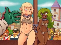 2girls amalia angry angry_face auction bad_end blonde_hair blush brown_eyes chained_up chains chair collar cra dark-skinned_female dark_skin dofus enf-lover evangelyne female female_focus green_eyes green_hair male multiple_boys multiple_girls princess_amalia_sheran_sharm sadida slave slave_collar thick_thighs torn_clothes wakfu wide_hips